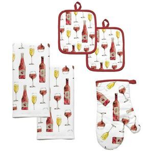 Sedona Wine Stack Kitchen Towels Oven Mitt Potholder White Red Gold 5pc Gift NEW